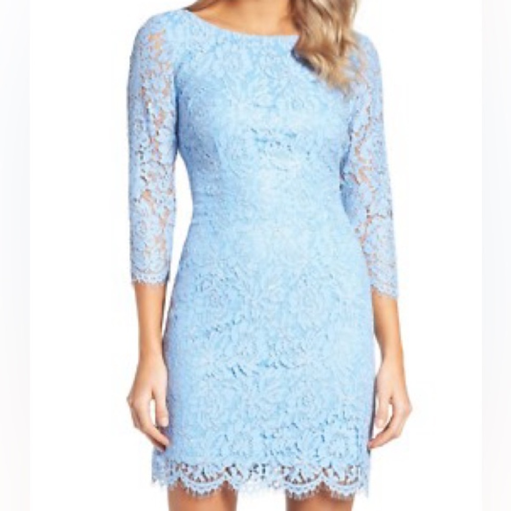 10P Nordstrom Adrianna Papell Light Blue & Metallic Lace Long Sleeve Dress